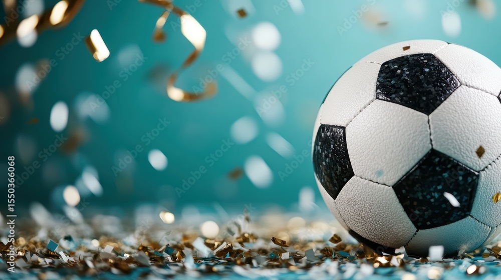 Fototapeta premium A lively image of a soccer ball surrounded by vibrant confetti, capturing the essence of celebration, excitement, and the joy of sports in a festive atmosphere.