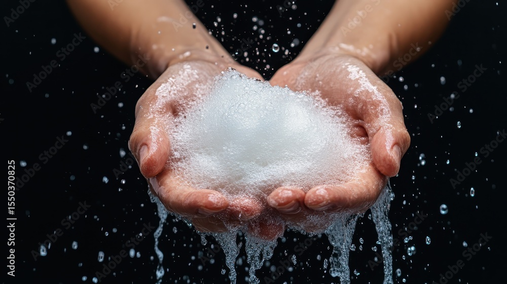 Fototapeta premium Gentle hands embracing a fluffy cloud of soap bubbles, with water cascading down, symbolizing cleanliness, care, and the simple joys of personal hygiene and relaxation.