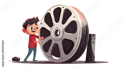 Vintage Film Reel with Painter Cartoon Character - Creative Concept for Media Production