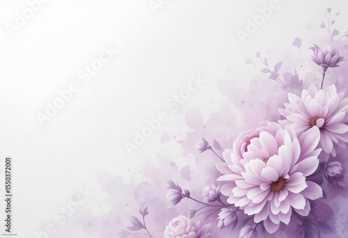 Lilac and lavender peonies and daisies watercolor floral arrangement, corner design