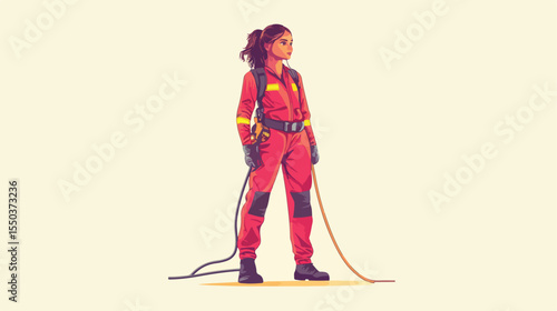 Professional Female Firefighter with Hose Flat Vector Illustration
