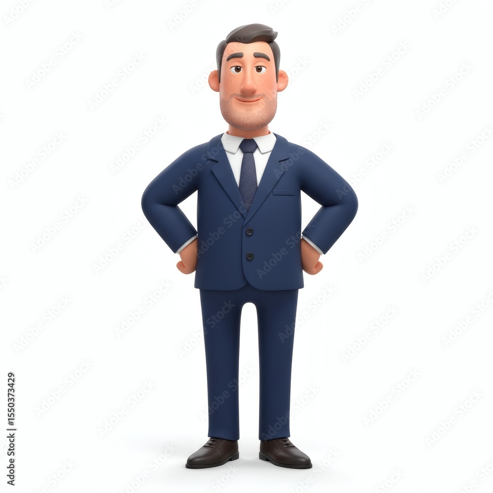 Confident Cartoon Businessman in Blue Suit with Hands on Hips Smiling Confident Cartoon Businessman in Blue Suit with Hands on Hips Smiling