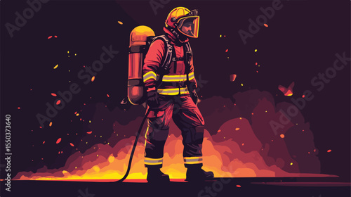 Professional Firefighter with Hose Flat Vector Illustration
