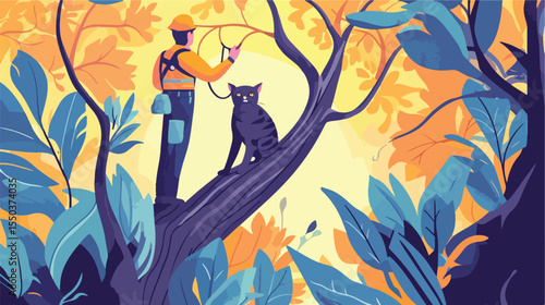 Fireman Rescuing Cat in Tree - Flat Vector Illustration