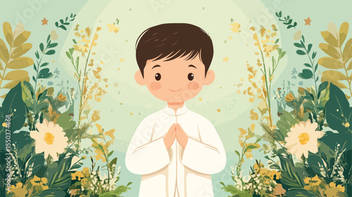 First Communion Boy Card Flat Vector Illustration