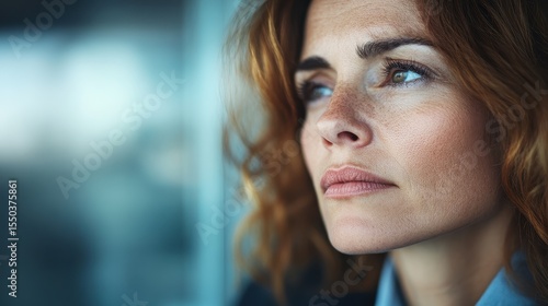 Wallpaper Mural A close-up of a thoughtful woman with curly hair, depicting a moment of introspection and focus in an office setting, highlighting her emotional depth and beauty. Torontodigital.ca