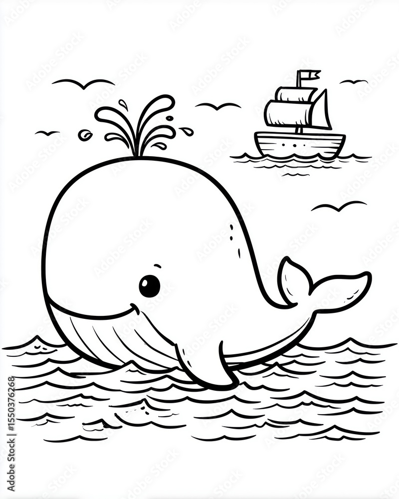 Obraz premium Toddler enjoys coloring a simple cartoon whale and a ship on a bright day