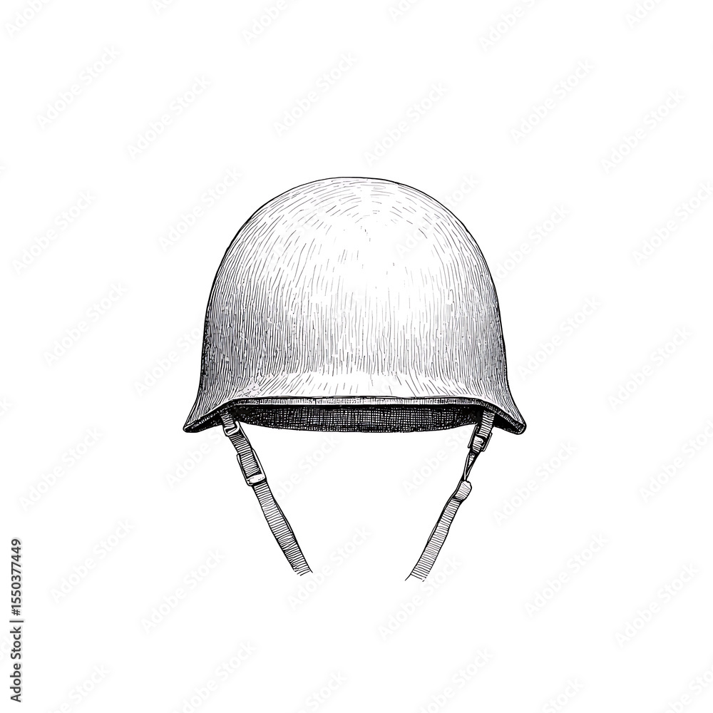 Fototapeta premium Vintage Military Helmet - An illustration of a classic military helmet with straps, symbolizing protection and history. Drawn with fine lines.
