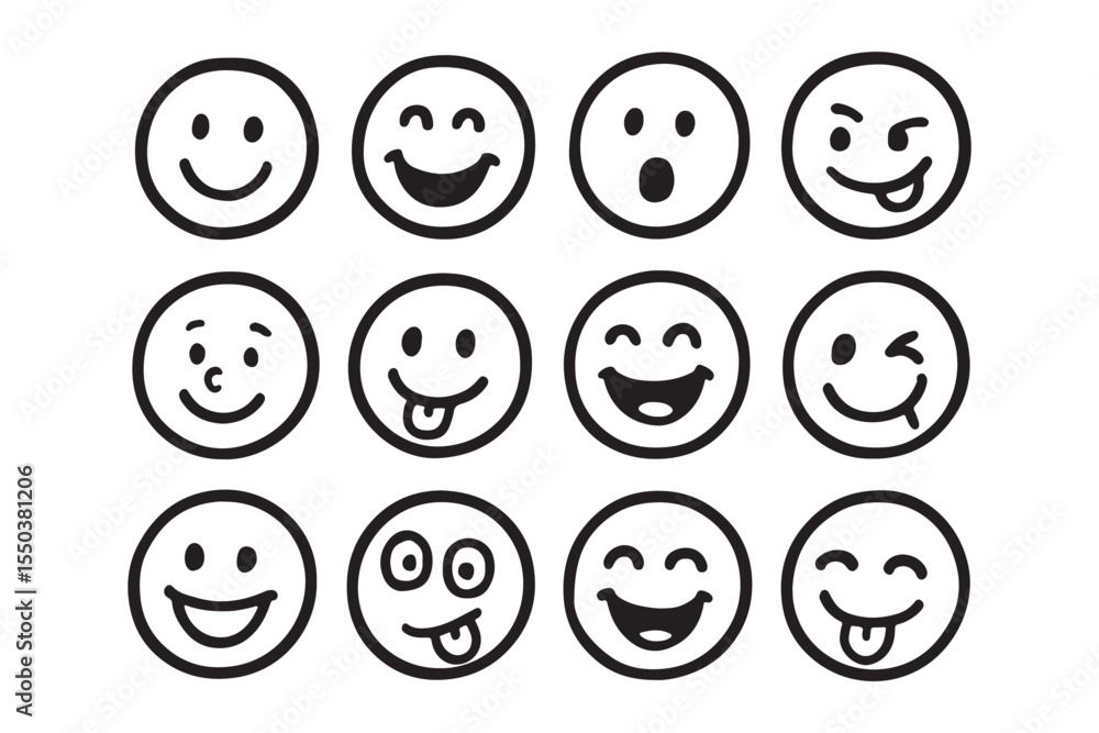Collection of Diverse Hand-Drawn Smiley Faces Expressing Happiness, Fun, and Emotions Through Simple Line Art Collection of Diverse Hand-Drawn Smiley Faces Expressing Happiness, Fun, and Emotions Through Simple Line Art