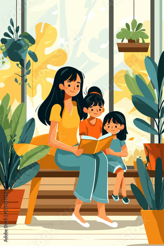 A Heartwarming Moment: Mother Reading to Her Daughters Indoors Among Lush Plants