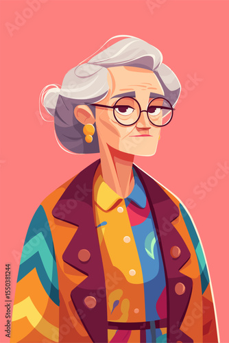 Charming Cartoon Illustration of an Elderly Woman with Distinctive Fashion