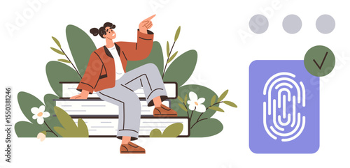 Person seated on stacked books surrounded by plants, pointing upwards beside fingerprint and verification mark. Ideal for education, identity, approval, security, self-growth, technology