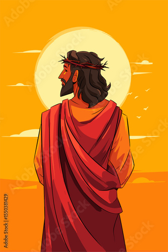 Stylized Illustration of a Man in Robes Against a Sunrise Background