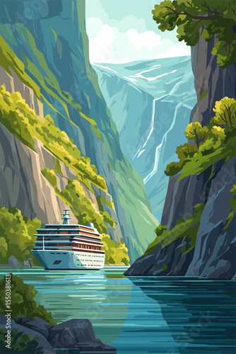 Scenic Mountain Fjord with Cruise Ship in Tranquil Waters