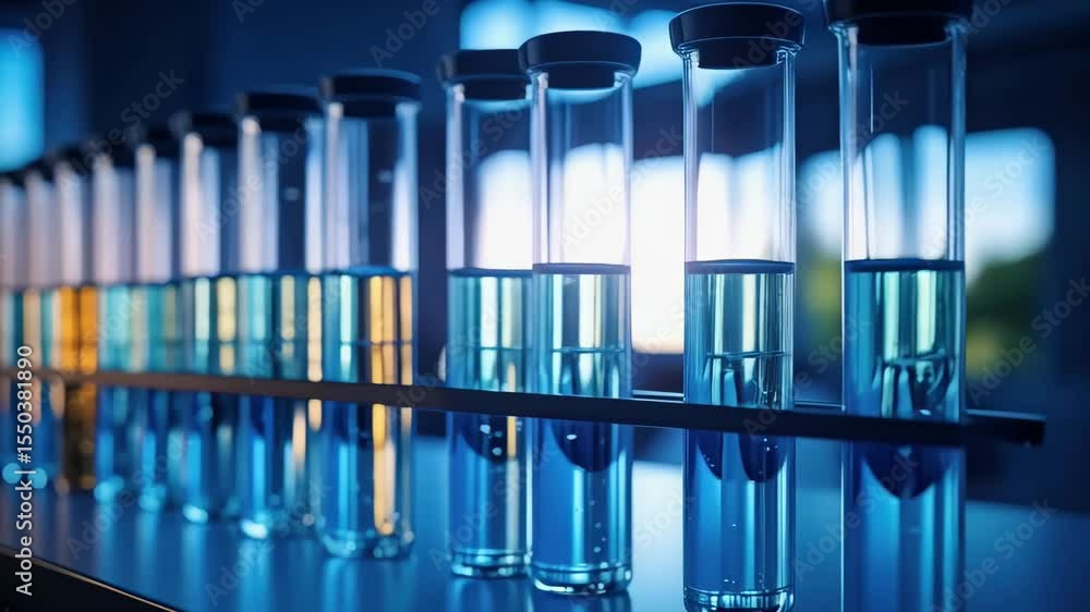 Close-up of multiple glass test tubes containing clear and blue liquids on a laboratory shelf for scientific research Close-up of multiple glass test tubes containing clear and blue liquids on a laboratory shelf for scientific research