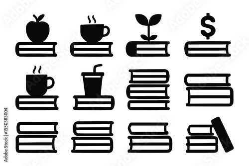 Stack of Books Icons Education, Growth, Knowledge, and Finance Concepts Illustrated