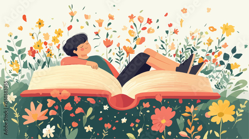 Blooming Flowers Resting on Poetry Book Vector Illustration