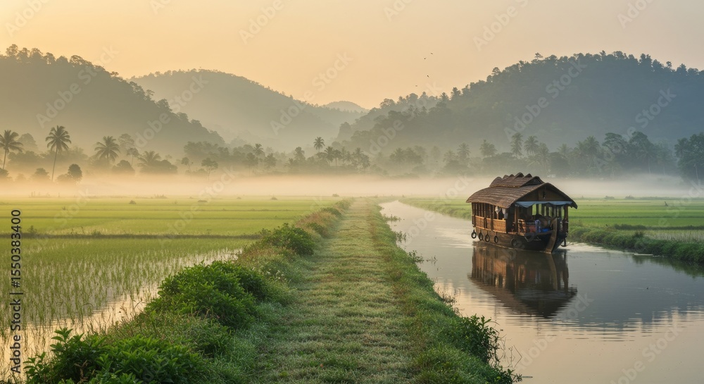 Naklejka premium A floating ship on a river between mountains and green fields