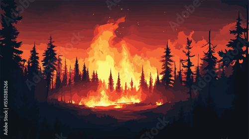 Forest Fires Burn Flat Vector Illustration