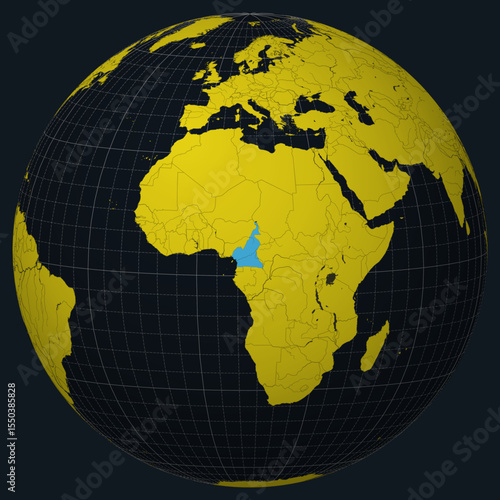 Republic of Cameroon on a globe. Country view on the world map in a Charcoal Bright Yellow color palette. Cameroon's shape on the map. Globe with meridians, parallels, countries, rivers, and lakes.