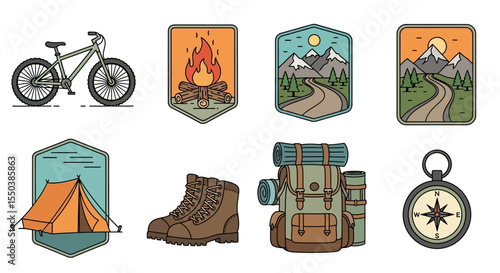 Camping & Hiking Adventure Line Icons Mountain, Bike, Campfire