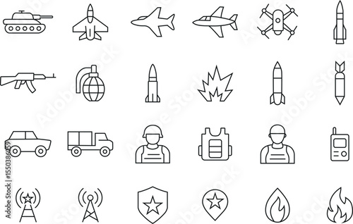 Military Weapons And Defense Line Art Icon Set, Minimal Vector Pack with Army Vehicles, Missiles, Soldiers, War Equipment, and Combat Symbols