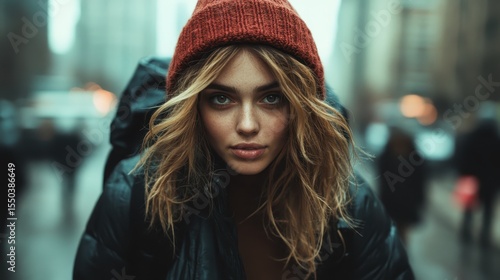 Wallpaper Mural A pensive young woman with an intense gaze captures the essence of urban life, adorned in a cozy jacket and beanie, revealing her thoughts against a bustling city backdrop. Torontodigital.ca