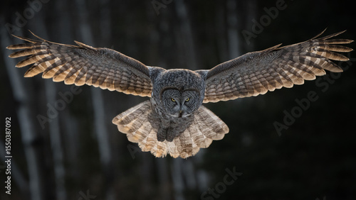 Sunlight catches the wings of a great gray owl as it hovers momentarily before diving into the ground to catch a meal. 