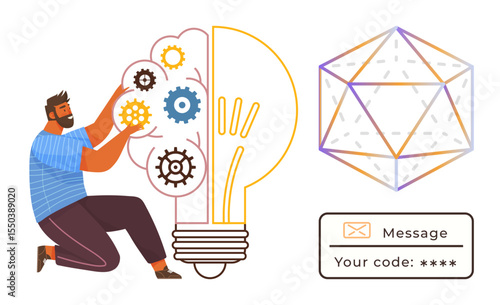 Man aligns gears in light bulb symbolizing innovation, problem-solving, and technology. Beside him, a geometric shape and secure message reinforcement represent ideas, AI, security, and complexity