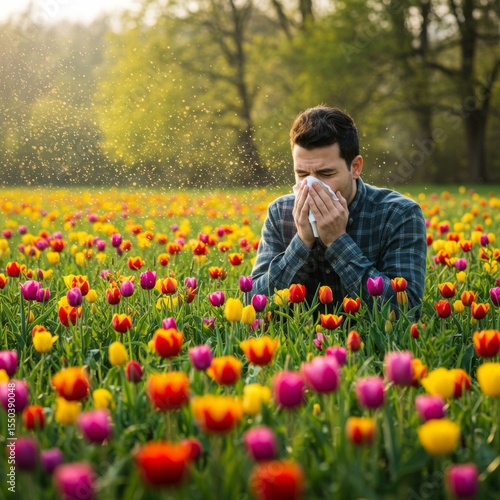 Man Sneezing in a Colorful Tulip Field