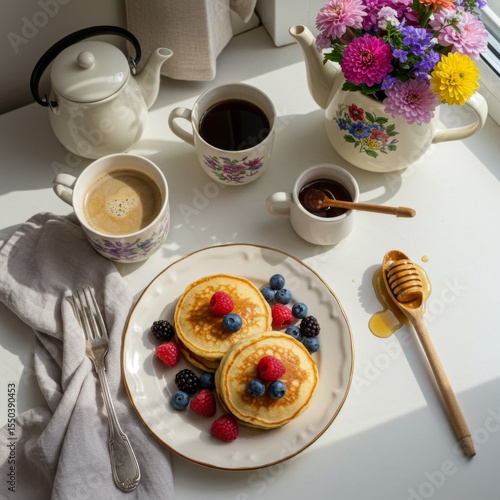 Sunny Morning Breakfast: Pancakes with Berries and Honey