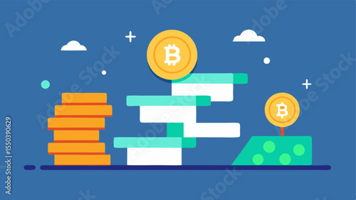 A pile of coins and cash illustrated on one side transitioning to various cryptocurrency symbols like Bitcoin and Ethereum on digital display screens indicating the evolution