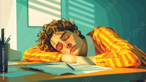 Tired Business Employee Sleeping at Work - Vector Illustration