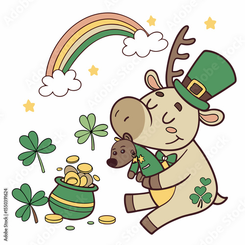 Creative SVG: Bashful Moose with with a stuffed animal in a Clover Cheer colored St. Patrick's Day theme