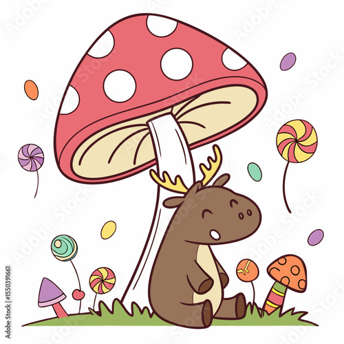 Whimsical Moose feeling Bashful in a Birthday setting with under a mushroom – colored in Candy Shop