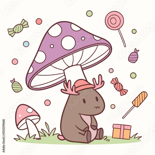Whimsical Moose feeling Bashful in a Birthday setting with under a mushroom – colored in Candy Shop