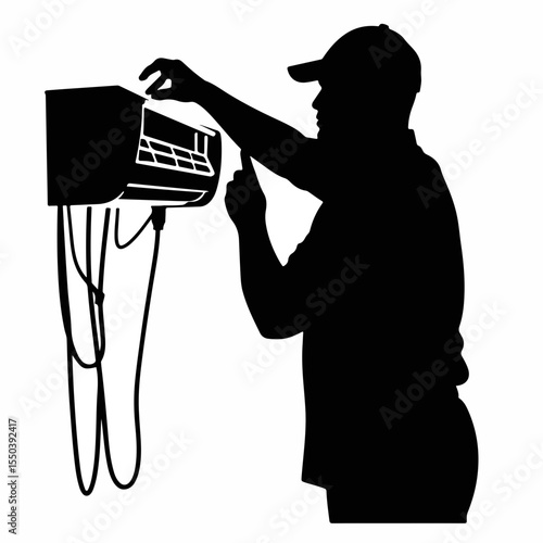 Technician adjusting air conditioning settings, silhouette, black and white, isolated on white background, HVAC maintenance concept