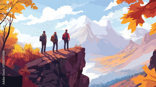 Friends Fall Adventure Flat Vector Illustration