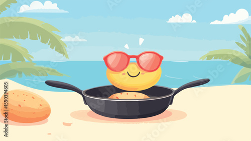 Cheerful Frying Pan Mascot Enjoying Vacation in Flat Vector Illustration
