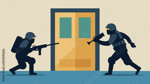 Dynamic Entry A SWAT team breaching a door with a battering ram while another officer covers the entrance with a rifle.