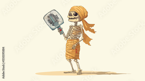 Comical Mummy with Electric Fan - Cartoon Character Illustration