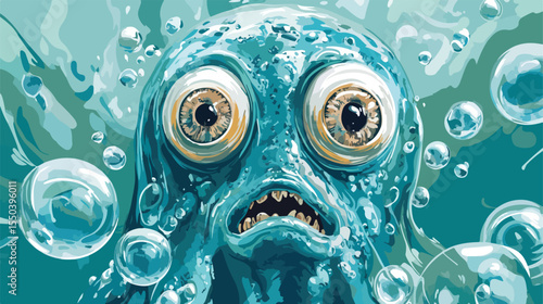 Funny Octopus Face in Bubble Water on White Background