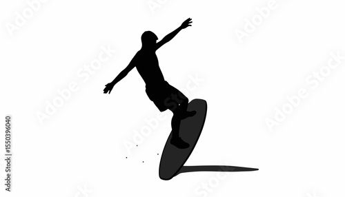 Silhouette of a teen performing tricks on a windsurfing board, black and white, transparent background, windsurfing and adventure concept.