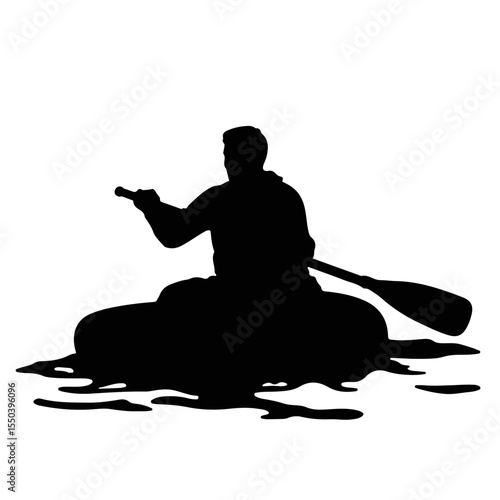 Determined male paddler silhouetted on river, black and white, whitewater rafting concept, adventure sports and outdoor recreation.