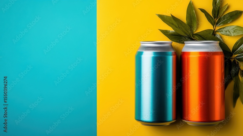 Fototapeta premium This vibrant image of colorful soda cans set against a bright background showcases modern design and refreshment, symbolizing energy and enjoyment in everyday life.
