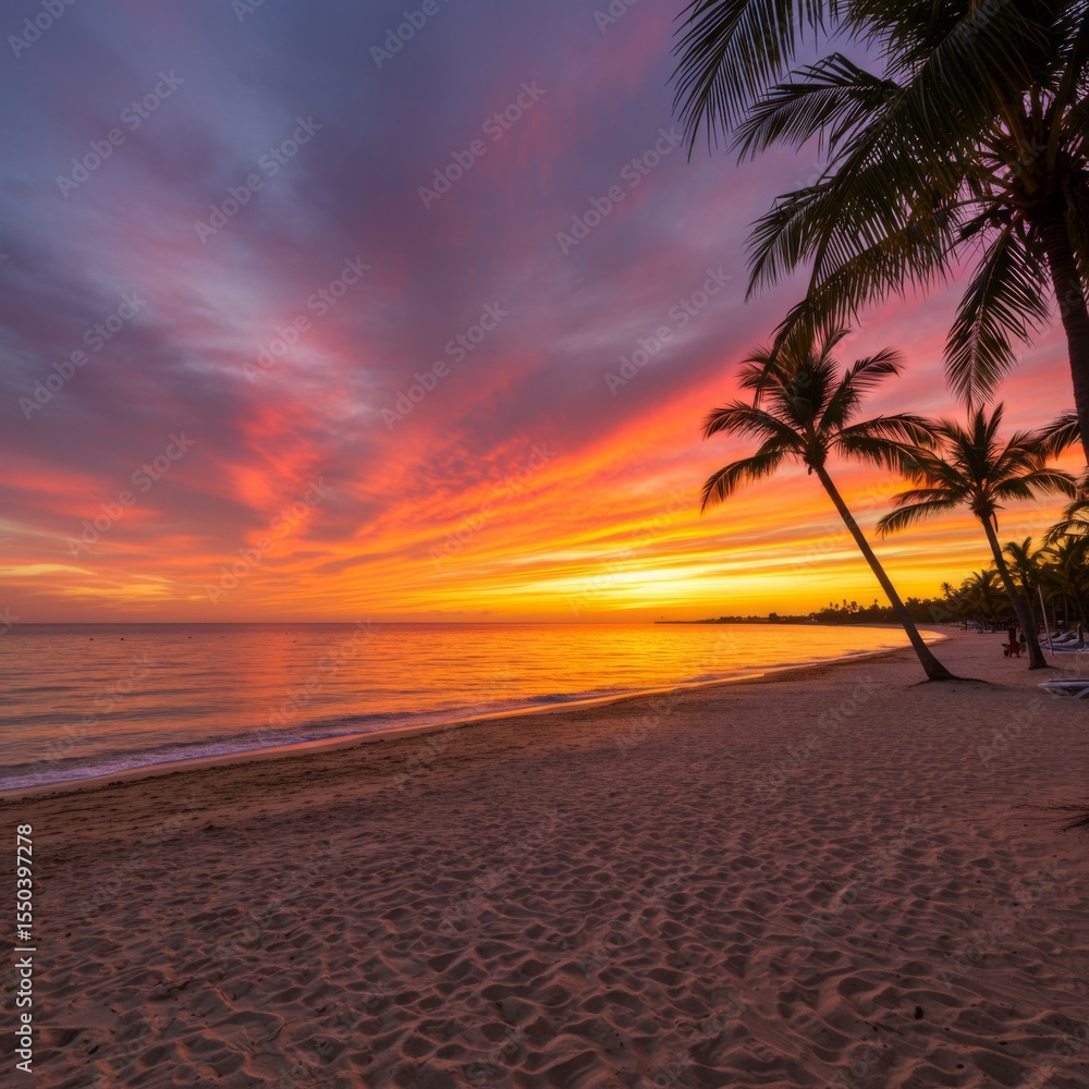 Fototapeta premium Vibrant Sunset Over Tropical Beach with Palm Trees