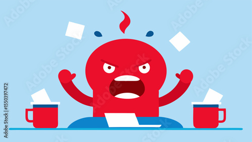 Character Sitting A character sitting at a table with an exaggeratedly red face surrounded by tered papers and a toppled coffee cup. Their mouth is open wide in fury and steam is