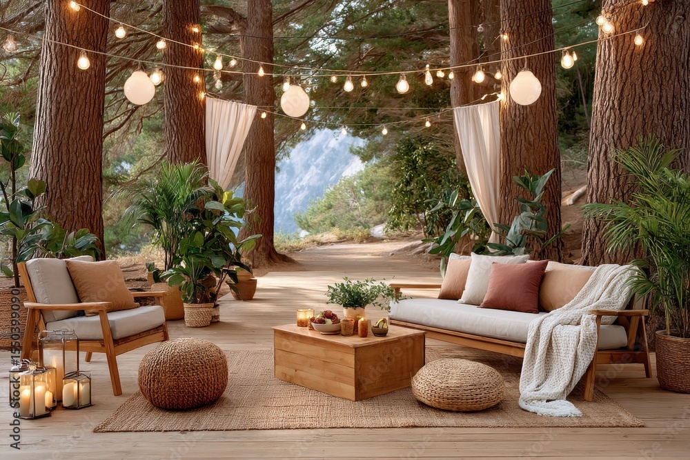 Fototapeta premium Cozy outdoor seating area surrounded by trees with decorative lights and plants