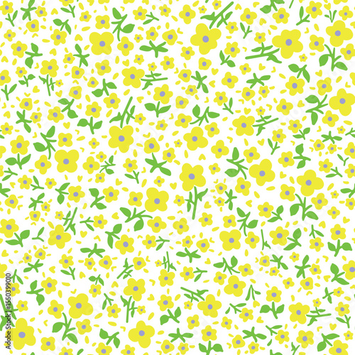 Different hand drawn vector botanical elements seamless repeat pattern. Random palced, yellow flowers with leaves aop, all over surface print on white background.