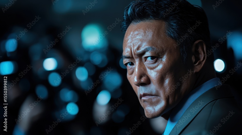 Fototapeta premium An intense portrait of a man standing amidst bright camera flashes, capturing a moment of seriousness and charisma, ideal for concepts of fame and personal introspection.